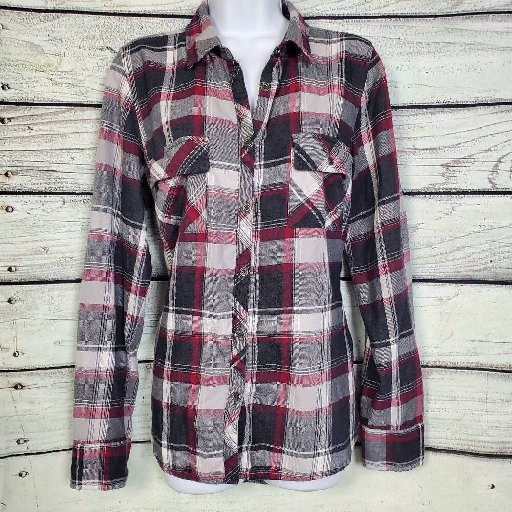 Maurices Red Plaid Button Down Shirt L Long Sleeve Collared Lightweight Cotton B